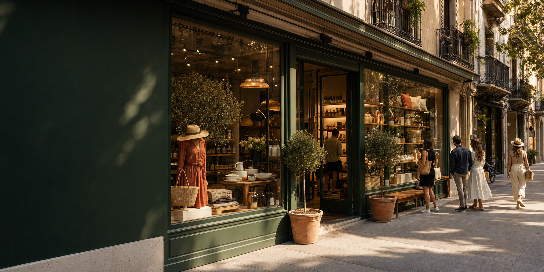 Escaparate y entrada de un bazar de barrio en Barcelona